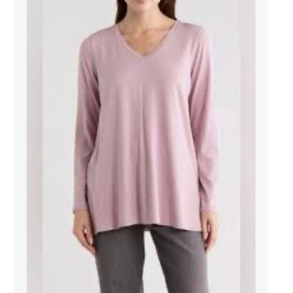 NWOT Eileen Fisher Fine Stretch Jersey Knit V-Neck Long Top in Blush SZ S